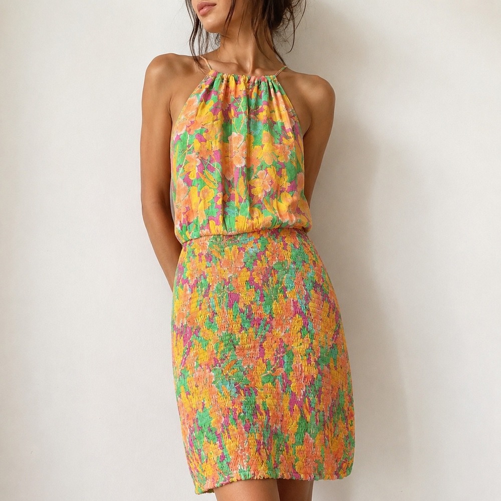 Lost + Wander Peach Multi Floral Halter Smocked Mini Dress Small Vacation Summer